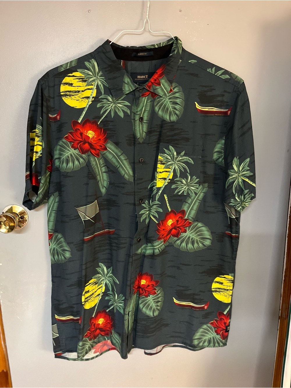 Roark Black Hawaiian Button-Down Shirt with Red Floral & Yellow Sun